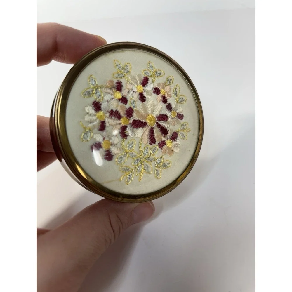 Vtg Floral Embroidered Gold trinket Box Petit Point Cottagecore Coquette